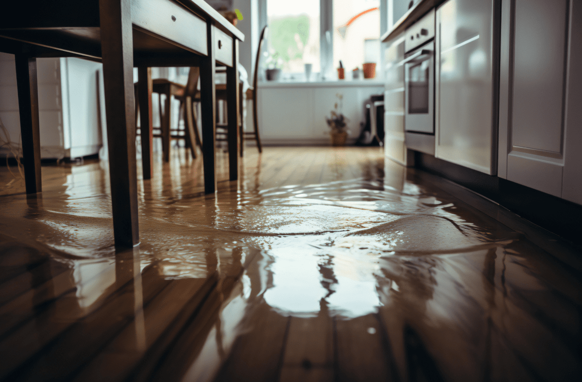 Kitchen floor flooded with water.