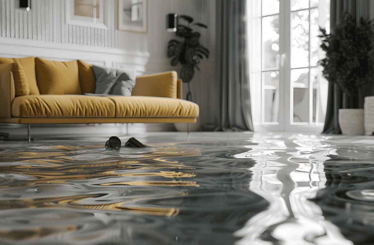 Living room flooded with water