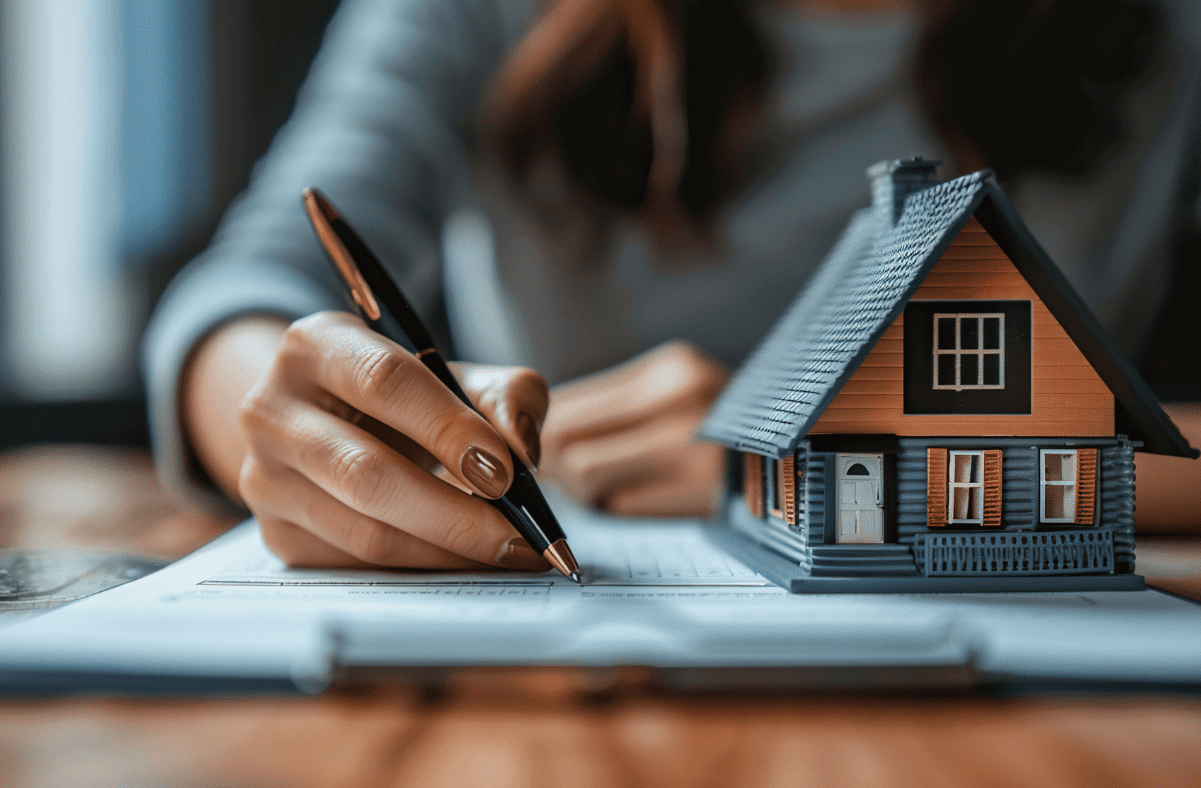 Home insurance agent reviewing home insurance application on clipboard with toy house on the table.