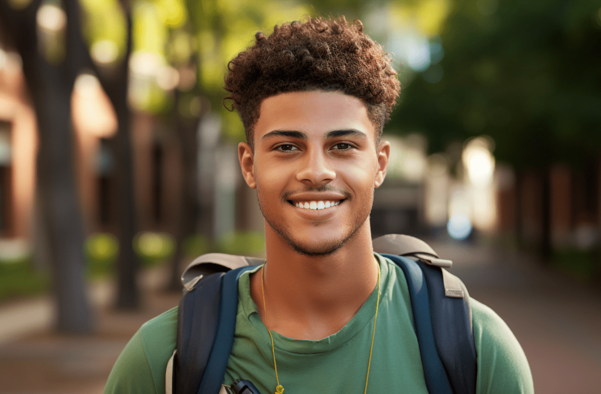 Young African-American man with backpack on ready, ready for college