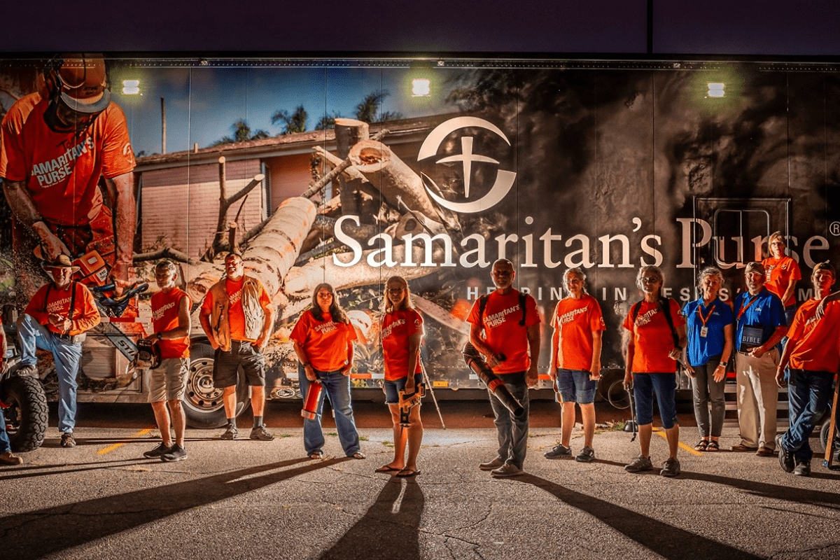 Samaritan's Purse team in front of disaster relief truck.