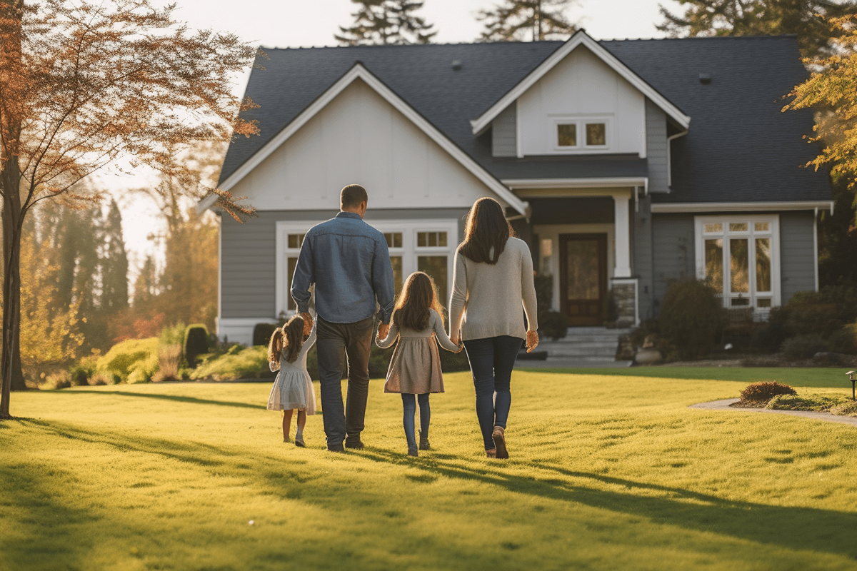 Family of four walking toward their home ona sunny afternoon