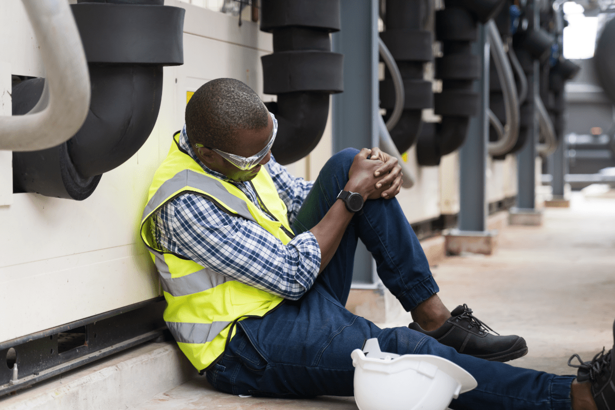 Injured worker sitting on the ground holding his knee.