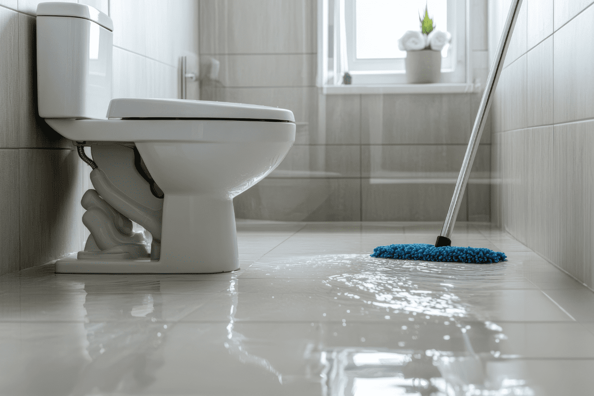 Bathroom floor flooded from water from toilet overflow