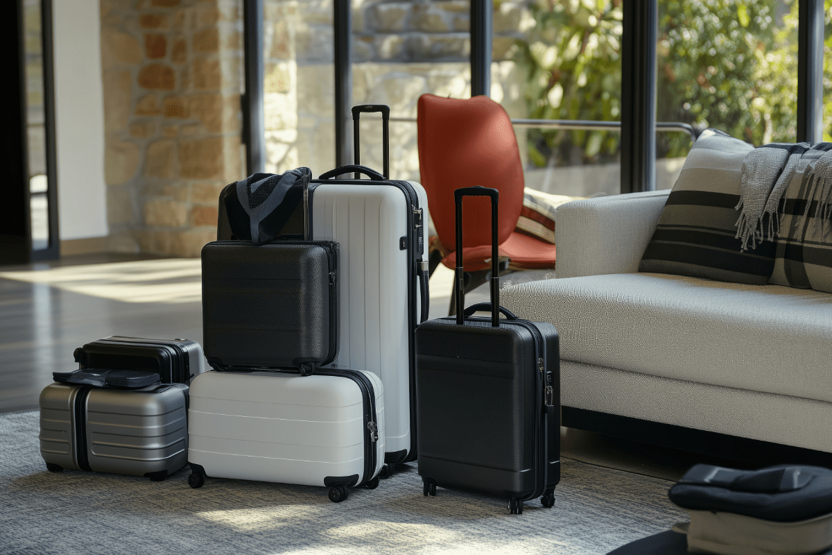 Living room with packed suitcases